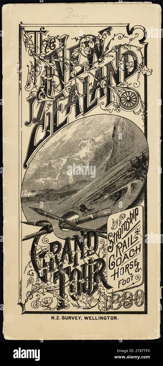 Deverell, William, ca 1853-ca 1920: The New Zealand grand tour, by steamship, rail, coach, horse & foot. 1890 / W Deverell del. Front cover. 1890, An arrangement of text, with an inset scene of New Zealand mountains. The inset is in the shape of an artist's palette with three brushes through the thumb-hole Stock Photo
