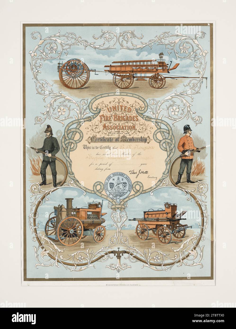 United Fire Brigades Association: Certificate of membership. This is to certify that E R Norgrove has served as a member of the Blenheim Volunteer Fire Brigade for a period of three years, dating from 8 August 1900. Wilson & Horton Chromo-lith, A, A brightly-coloured certificate showing at the top a fire cart with a trailer holding the hose; two firemen holding hoses, and two further models of fire engine (one a steam driven vehicle and one horse-drawn). The decorative border incorporates the hoses held by the firemen Stock Photo