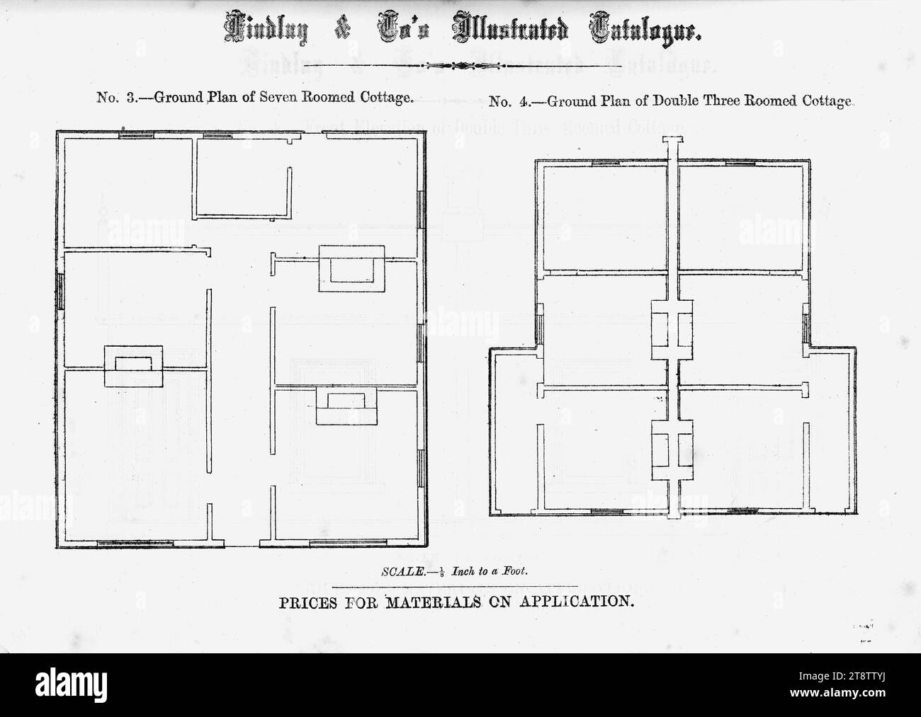 Findlay & Co.: Findlay and Co's illustrated catalogue. No. 3. Ground plan of seven roomed cottage. Ground plan of double three roomed cottage. Scale 1/8 inch to a foot. Prices for material on application. 1874, Shows plans of two cottages, with fireplaces and walls shown Stock Photo