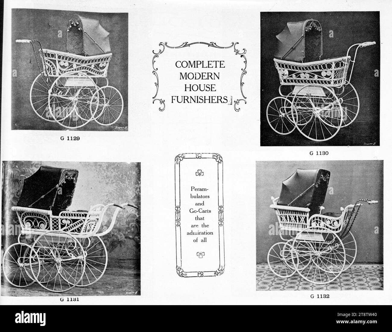 Tonson Garlick Co: Prams, perambulators. Models G 1129 to G 1132. ca 1910, Shows some of the models available, all of ornate wicker body and leather canopy. The wheels nearest the handle are all larger than the further wheels Stock Photo
