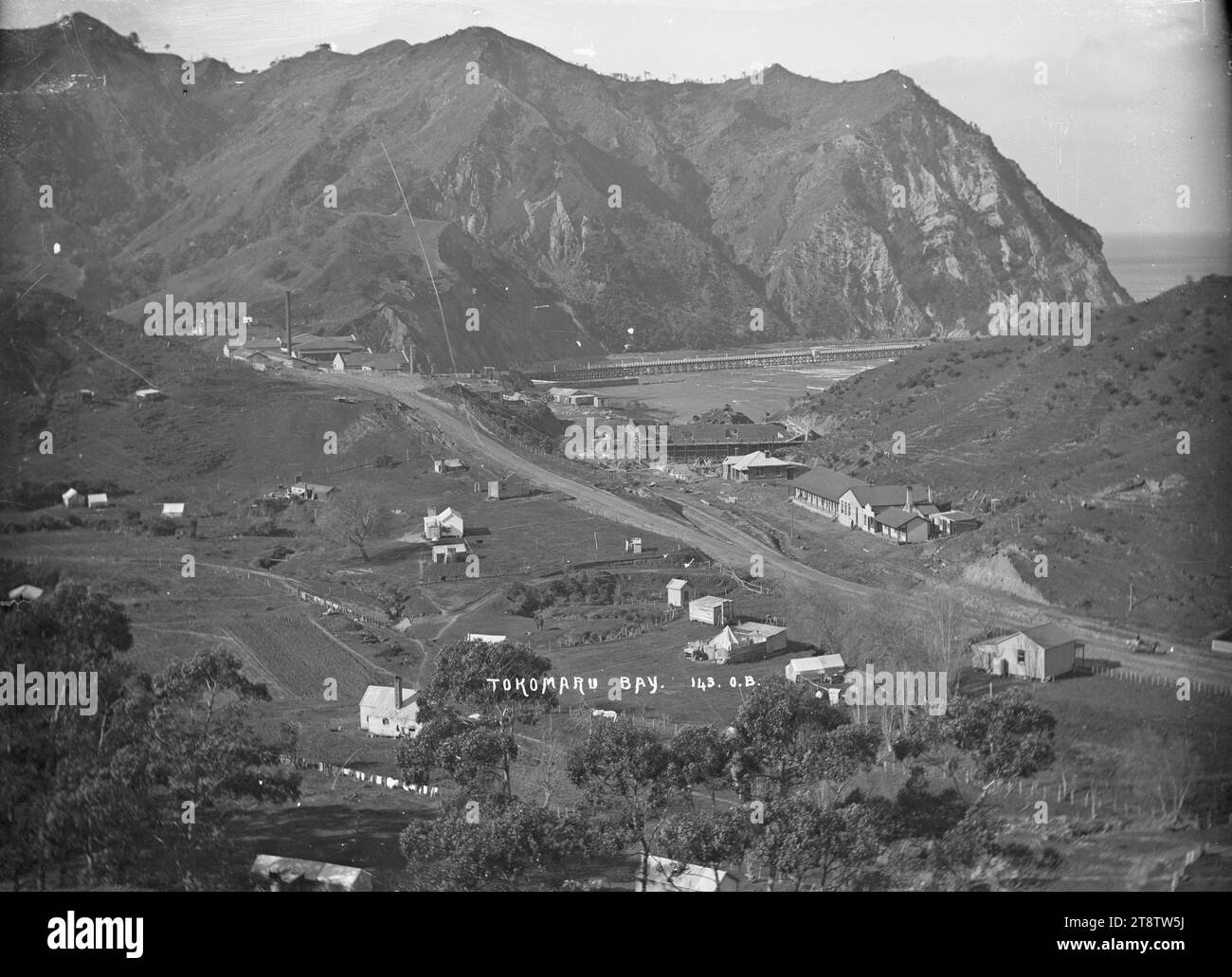 Freezing works and settlement at Waima, Tokomaru Bay, View of the