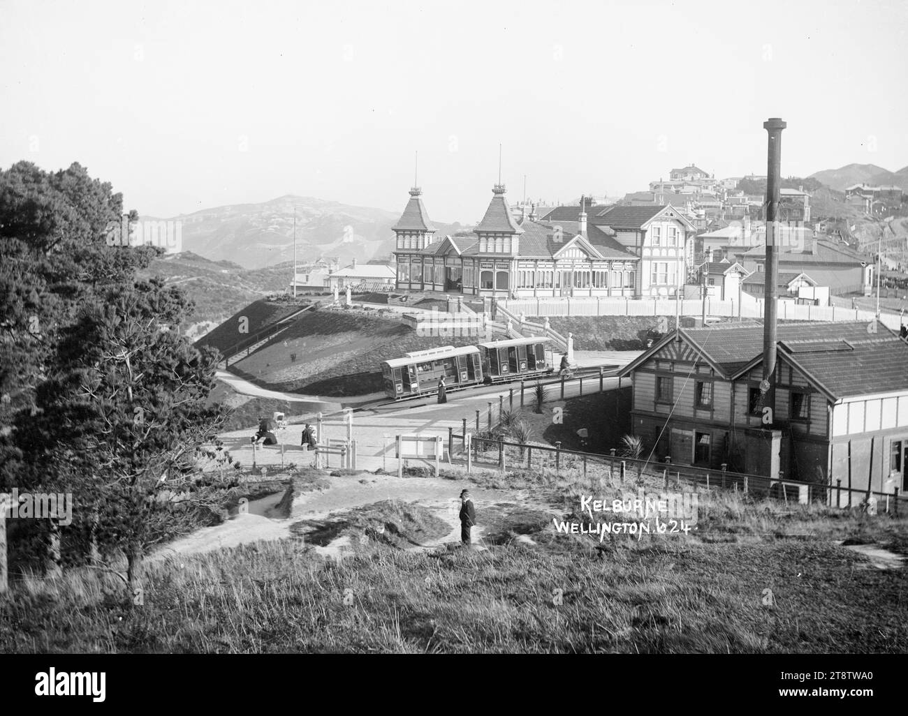Cable car, power house and Kelburn Tea Kiosk, Kelburn, Wellington, New