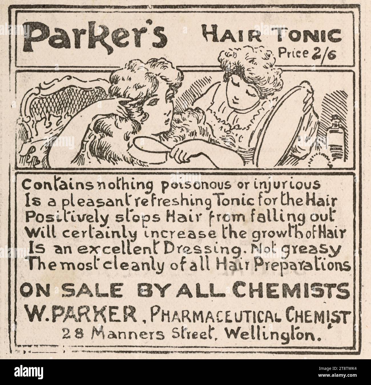 W Parker (Firm, Wellington, New Zealand): Parker's hair tonic. Price 2/6. Contains nothing poisonous or injurious / Is a pleasant refreshing tonic for the hair .. On sale by all chemists. W Parker, pharmaceutical chemist, 28 Manners Street, Wellington, New Zealand 1907, An advertisement for a hair tonic, inserted by W Parker, chemist and optician, of 28 Manners Street Wellington, New Zealand. Shows an illustration of a woman brushing her hair, and gazing at herself in a mirror held by her maid. Stock Photo