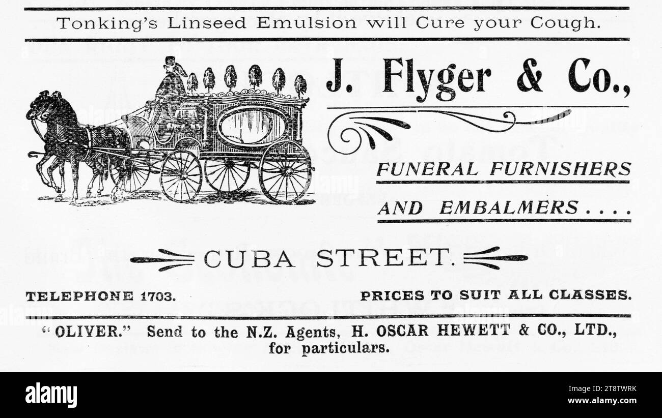 J Flyger & Co: J Flyger & Co, funeral furnishers and embalmers .. Cuba Street. Telephone 1703. Prices to suit all classes. 1905, Shows a funeral carriage pulled by two horses. Some of the lettering has ornate decoration Stock Photo