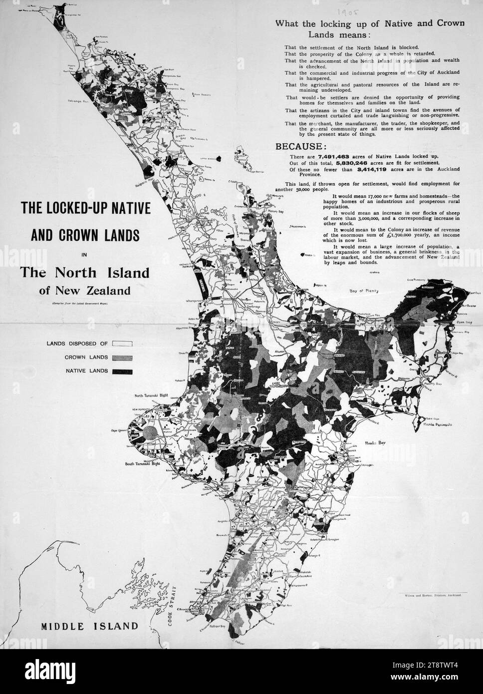 The locked-up native and crown lands in the North Island of New Zealand (compiled from the latest Government maps). 1905, Shows a map of the North Island with shading for Lands disposed of, Crown lands, and Native lands. The text argues that the locking-up of native and crown lands means that settlement is blocked, prosperity is retarded, commercial and industrial progress is hampered, agricultural and pastoral resources are remaining undeveloped, would-be settlers cannot find homes, and merchants and traders and the general community is seriously affected. Stock Photo