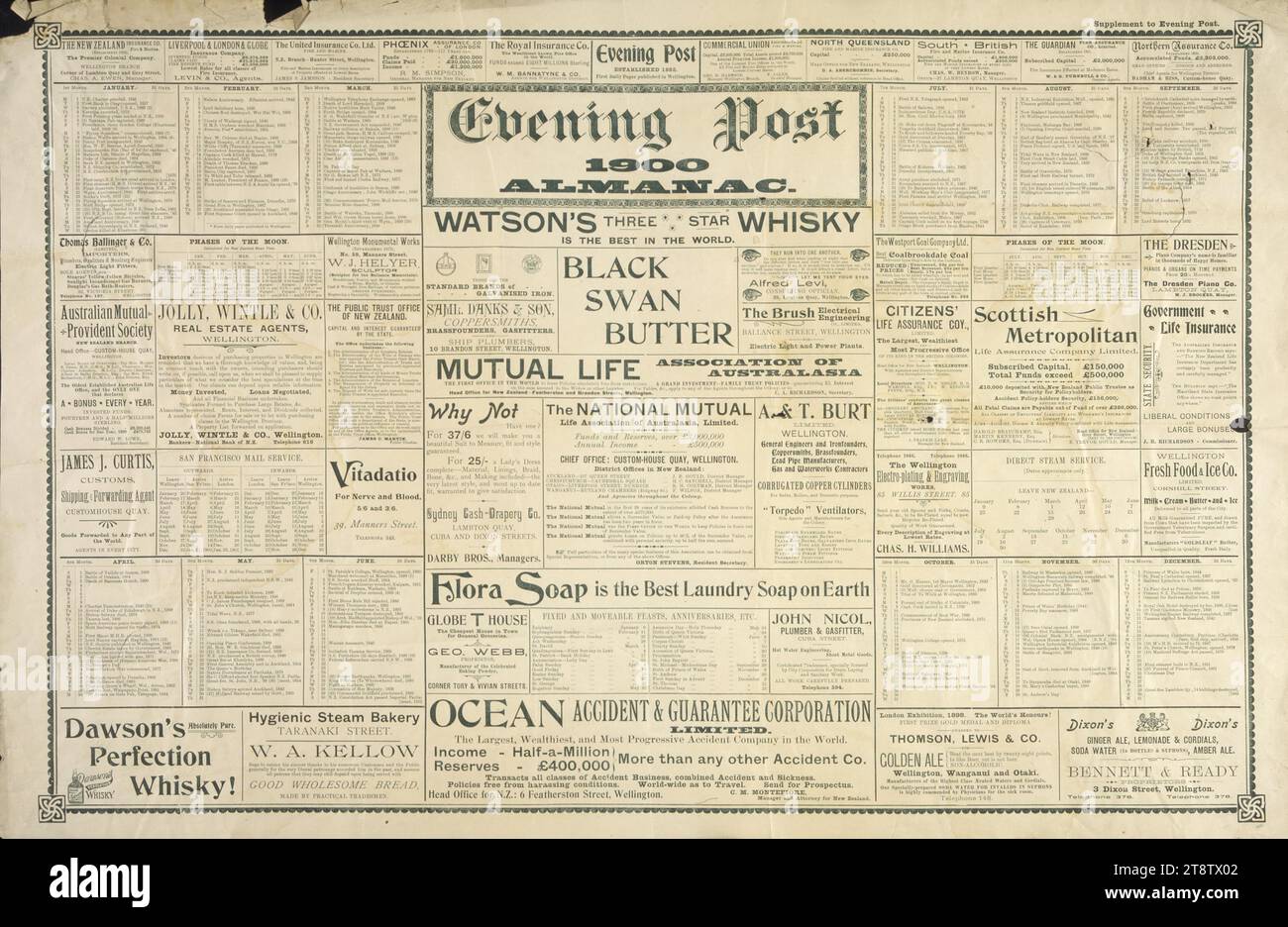Evening Post: Evening Post 1900 almanac. 1900, Arrangement of text, giving historic events to be remembered on each day of the month. The text of the sheet contains columns and boxes of advertisements for insurance companies, estate agents, liquor retailers, and other merchants Stock Photo