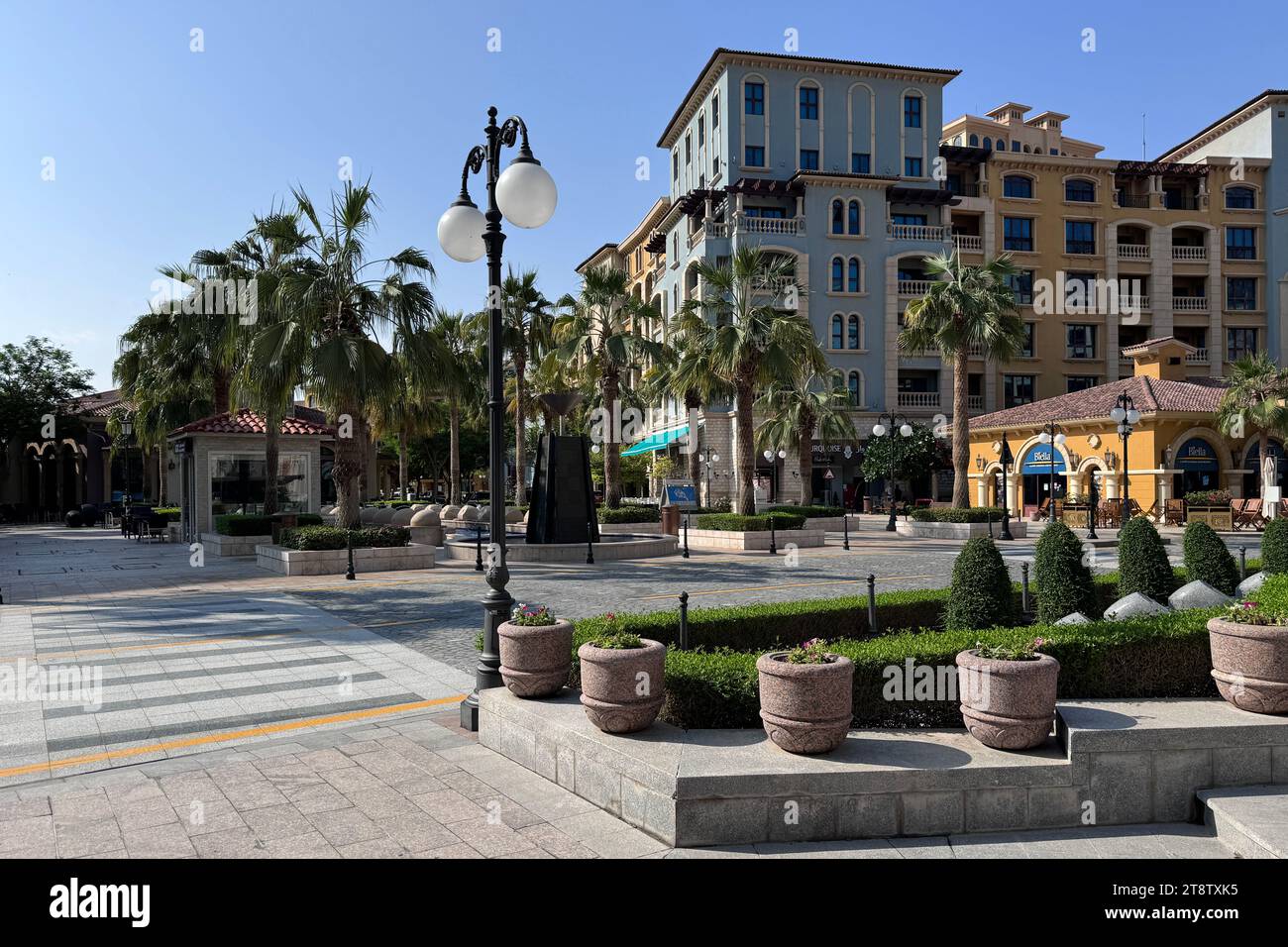 Public square with water fountain on the Medina Centrale Pearl Qatar Doha Stock Photo