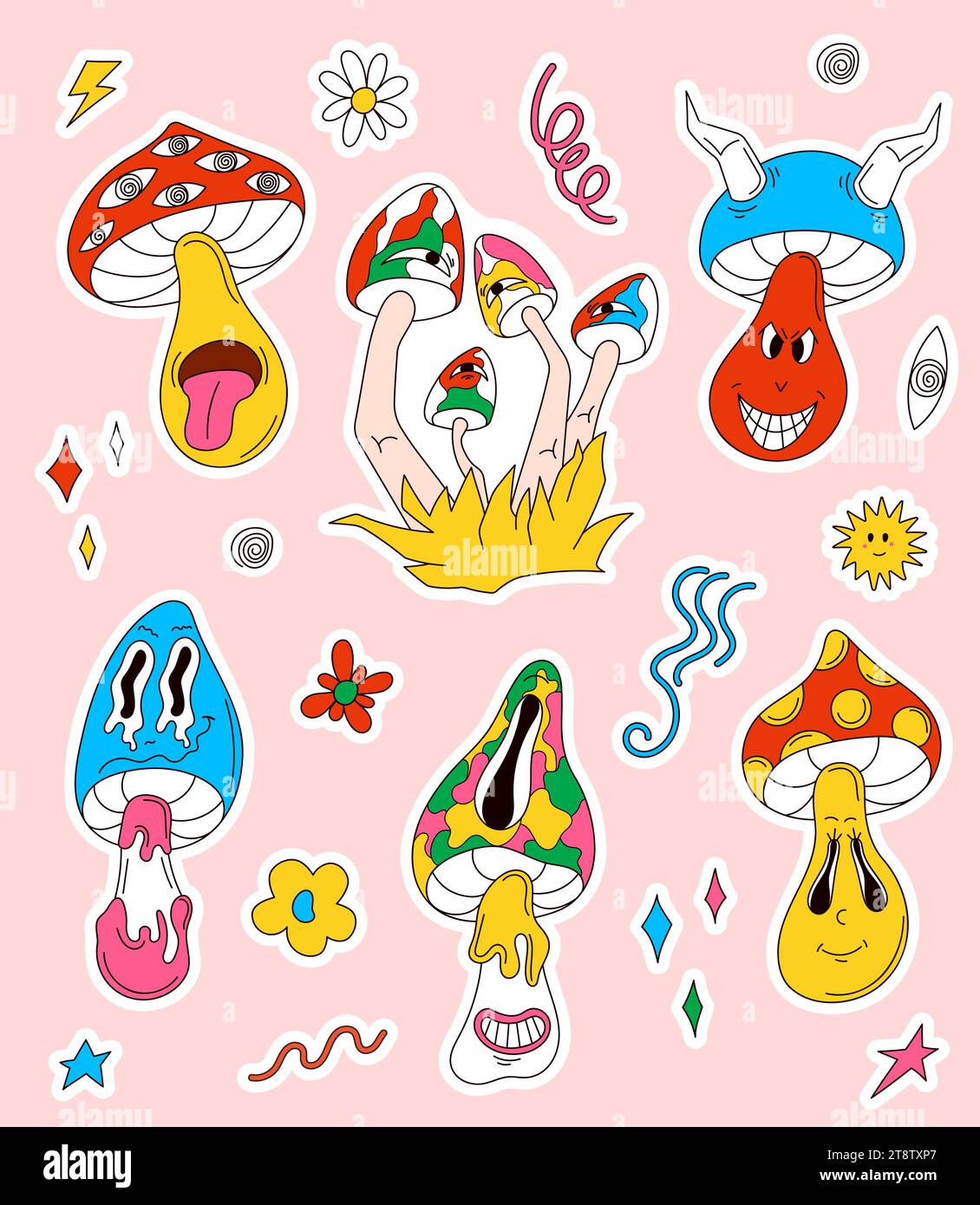 Mushroom groovy character sticker set in cartoon style. Psychedelic characters collection with retro elements and funny faces. Trippy surreal Stock Vector