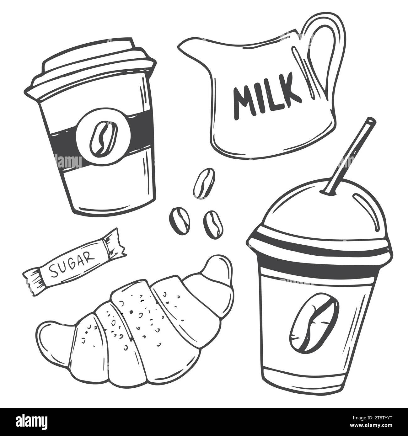 Doodle illustration of coffee related graphics and objects such as ...