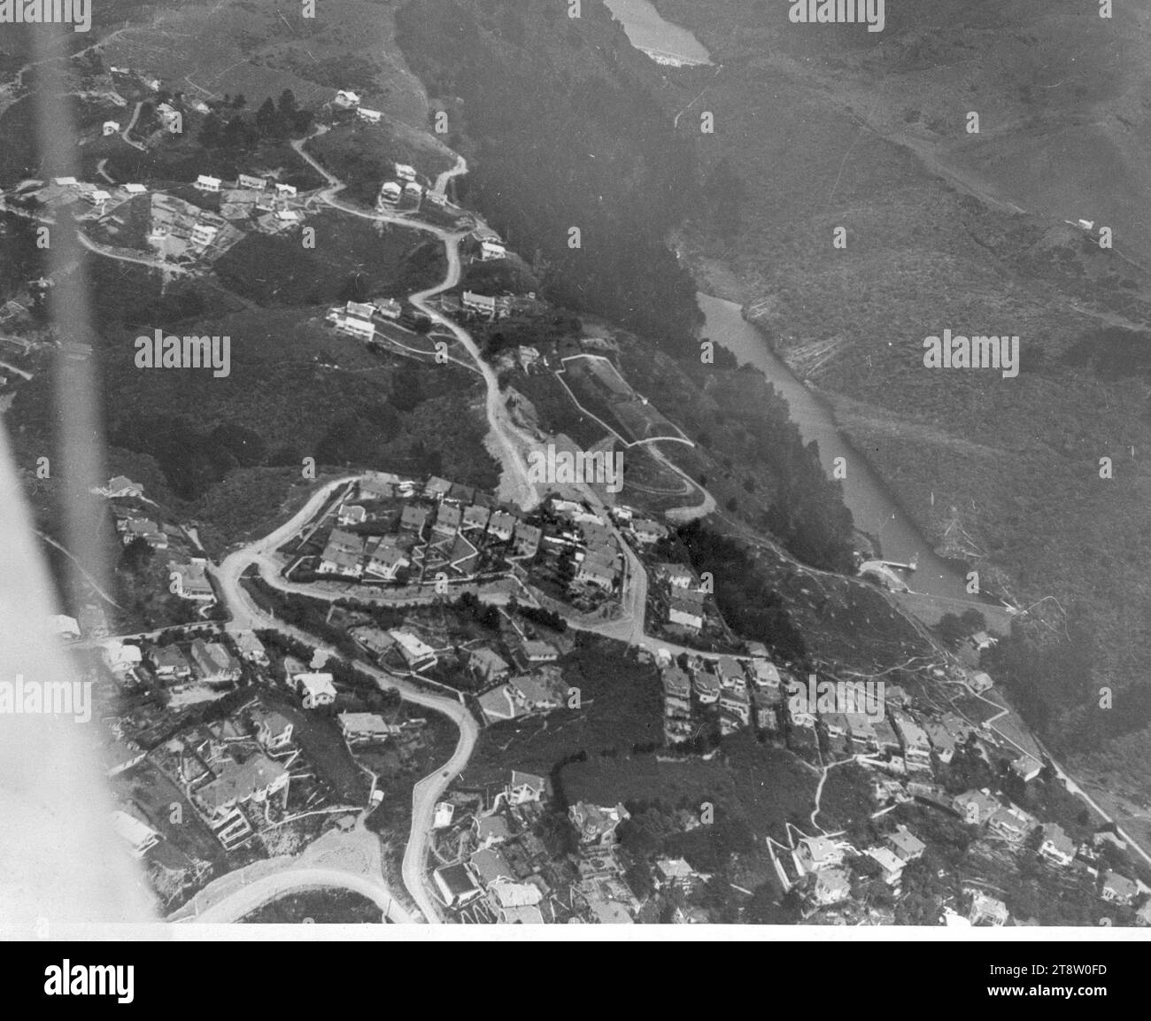 Aerial view of Karori, Wellington, New Zealand, in the vicinity of the reservoirs, ca 1930s