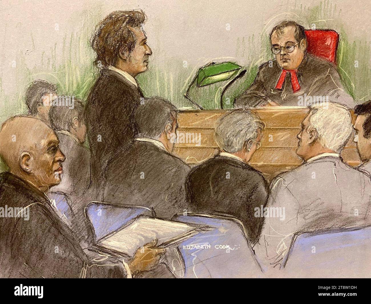 Court artist sketch by Elizabeth Cook of Baroness Doreen Lawrence (left