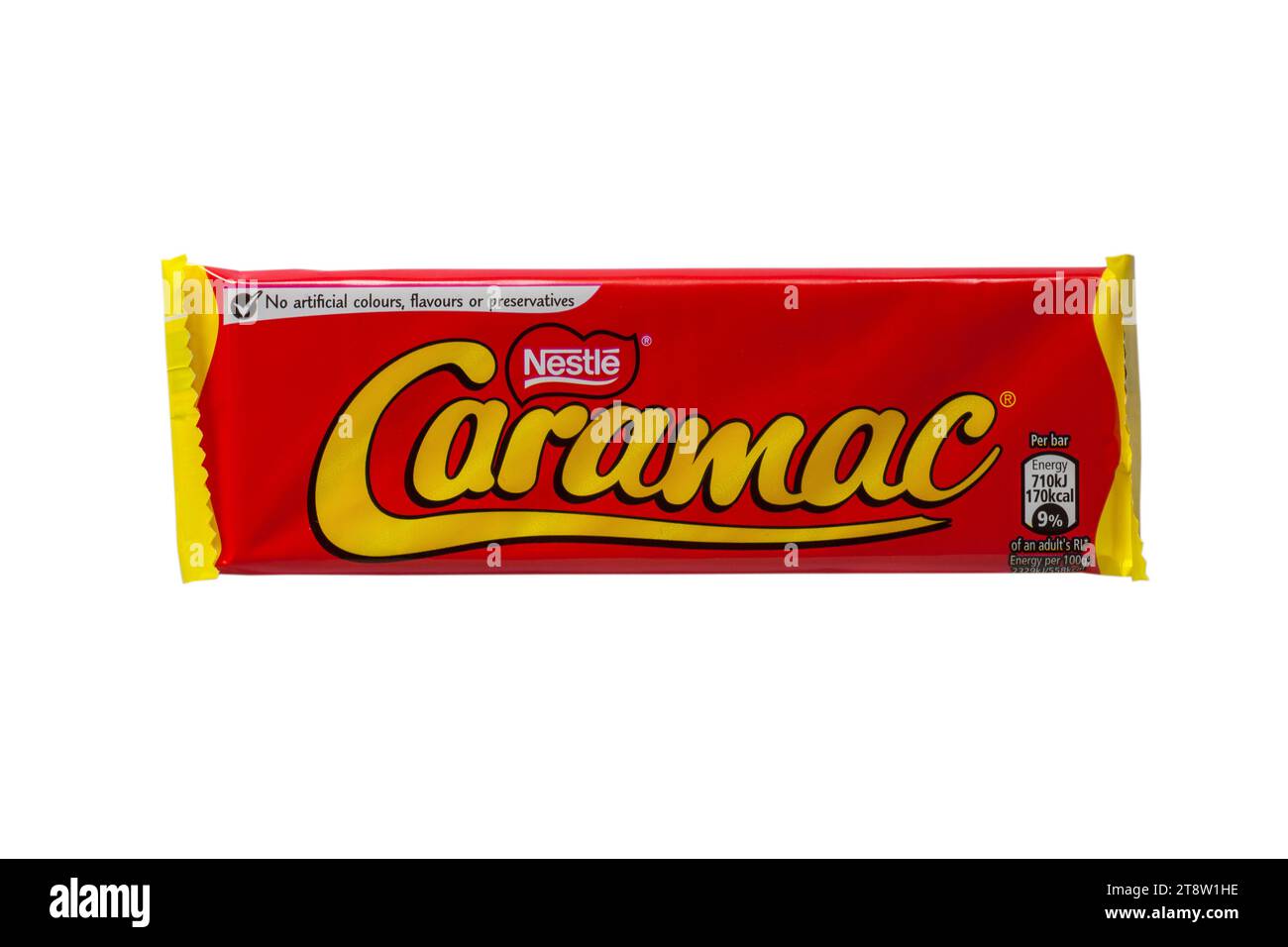 bar of Nestle Caramac chocolate isolated on white background - looking down on from above - The Caramel Flavour bar Stock Photo