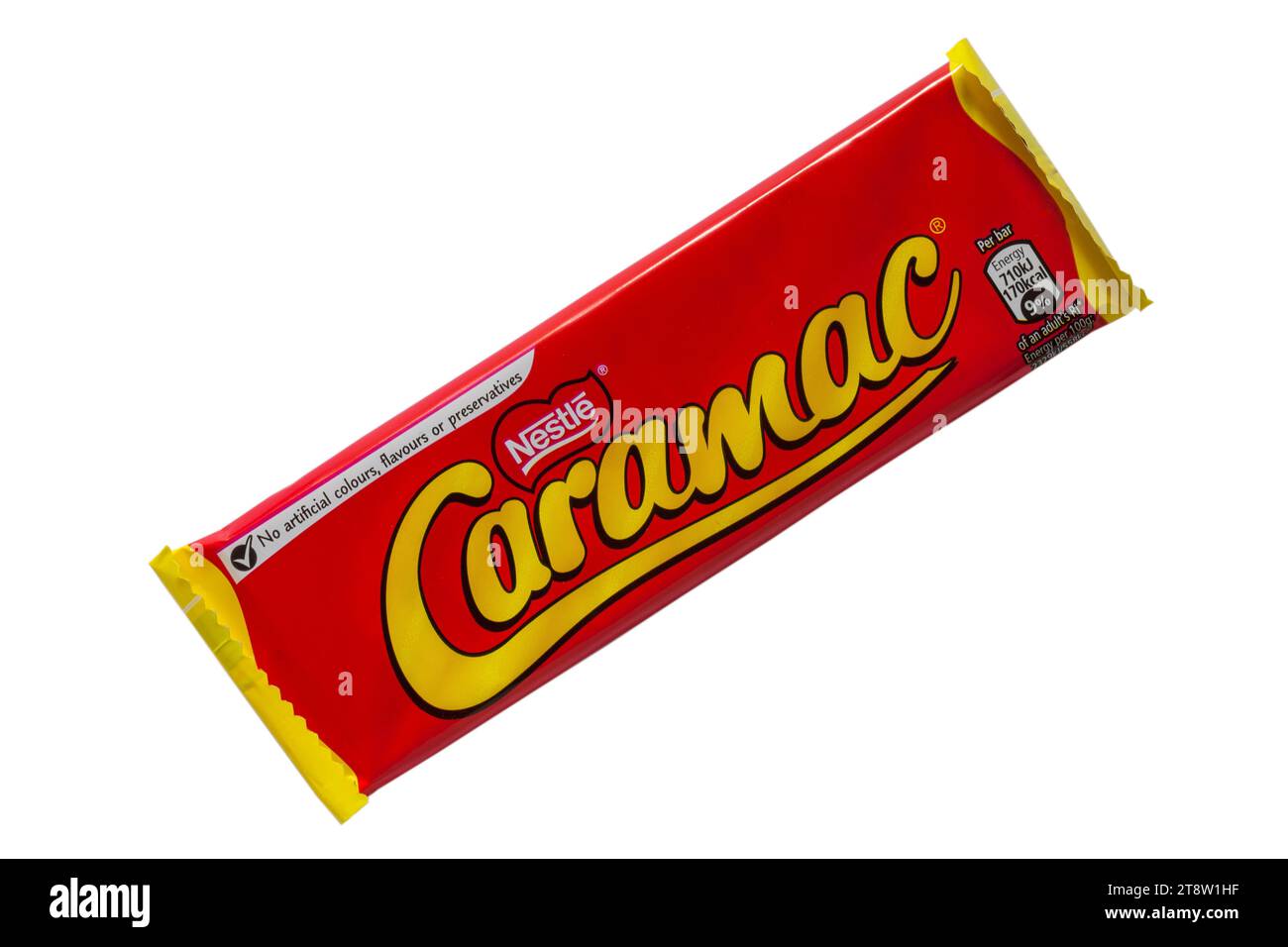 bar of Nestle Caramac chocolate isolated on white background - looking down on from above - The Caramel Flavour bar Stock Photo