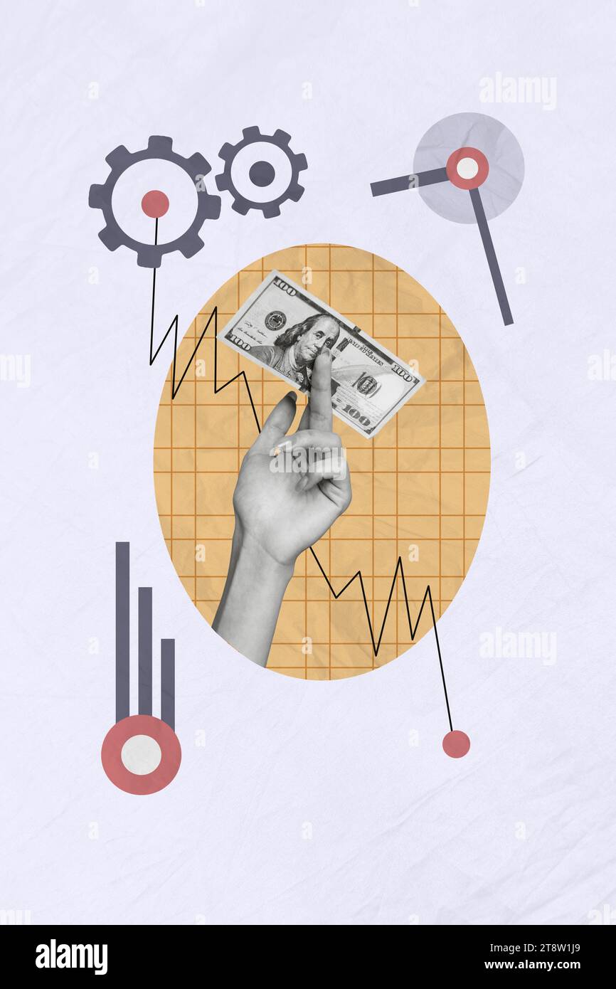 Vertical collage image of black white effect arm fingers hold dollar bill banknote graph stats cogwheel gear isolated on paper background Stock Photo