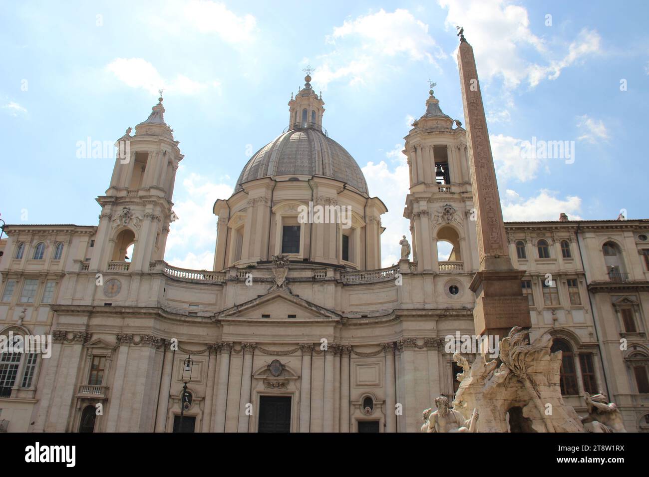 Piazza Navona: Obelisk of Domitian & Francesco Borromini, Sant'Agnese, 17th C. Baroque Church, Site of Stadium of Domitian. Ancient Rome Historic Center, Rome, Italy Stock Photo