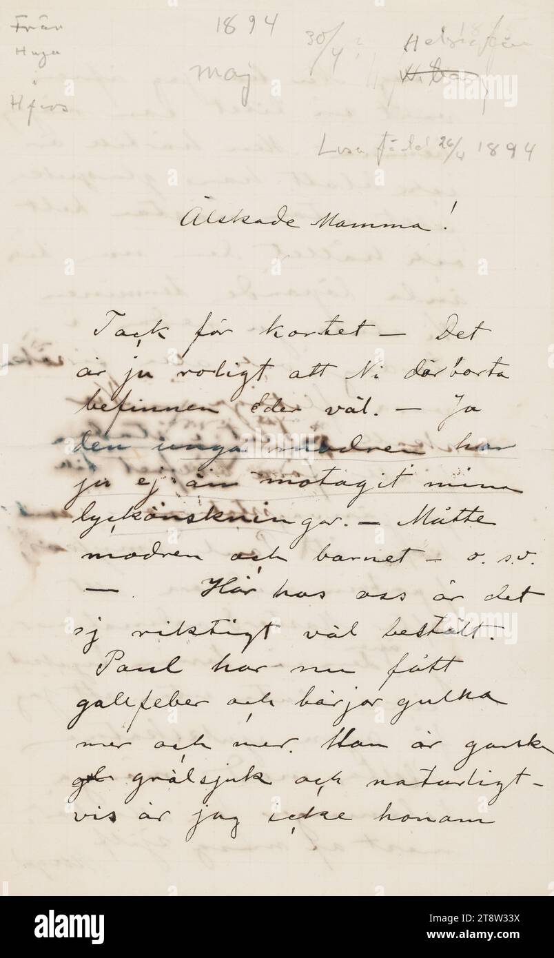 Sent letters, Hugo Simberg to his mother Ebba Mathilda Simberg, timing late April/early May 1894 added later Stock Photo