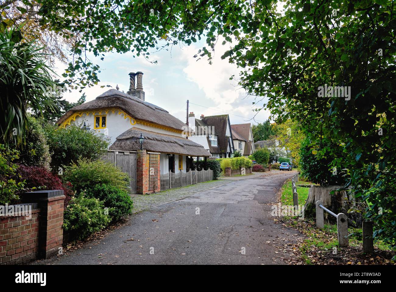 The Thatched Cottage on Abbey Drive in a secluded area of Laleham Surrey England UK Stock Photo