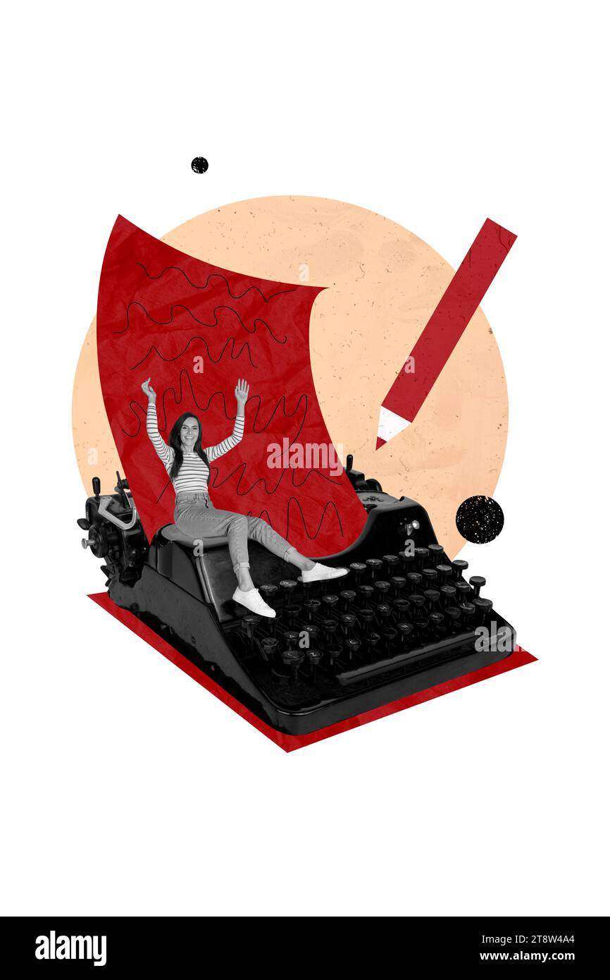 Sketch collage of happy girl novel writer creating bestseller typing text story isolated on drawing background Stock Photo