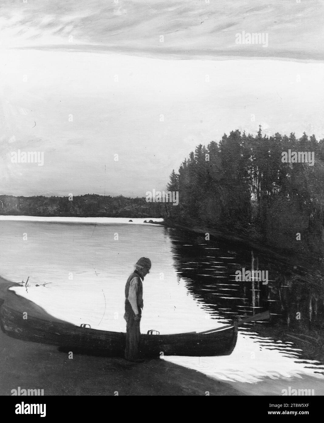 Hugo Simberg, 24.6.1873, Hamina, 12.7.1917, Ähtäri, Suomalainen elegia, 1899, 178 × 130 mm, man, Niemenlautta, yevo, strait[s], rowing boat, work of art, Other persons Stock Photo