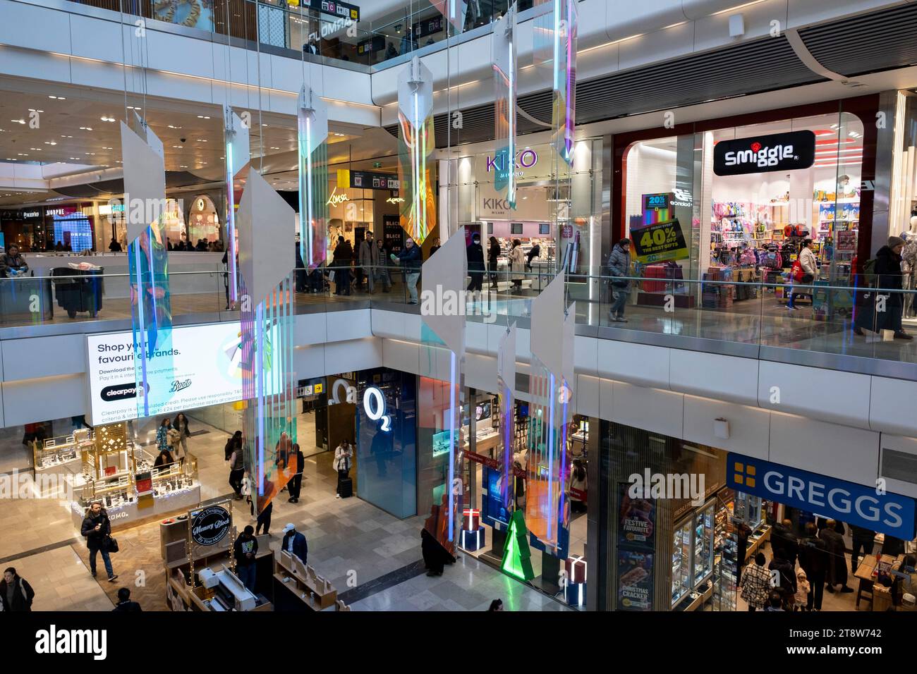 Scene inside Westfield Stratford City Shopping Centre on 17th November 2023 in London, United Kingdom. Stratford is now East Londons primary retail, cultural and leisure centre. It has also become the second most significant business location in the east of the capital. Stock Photo