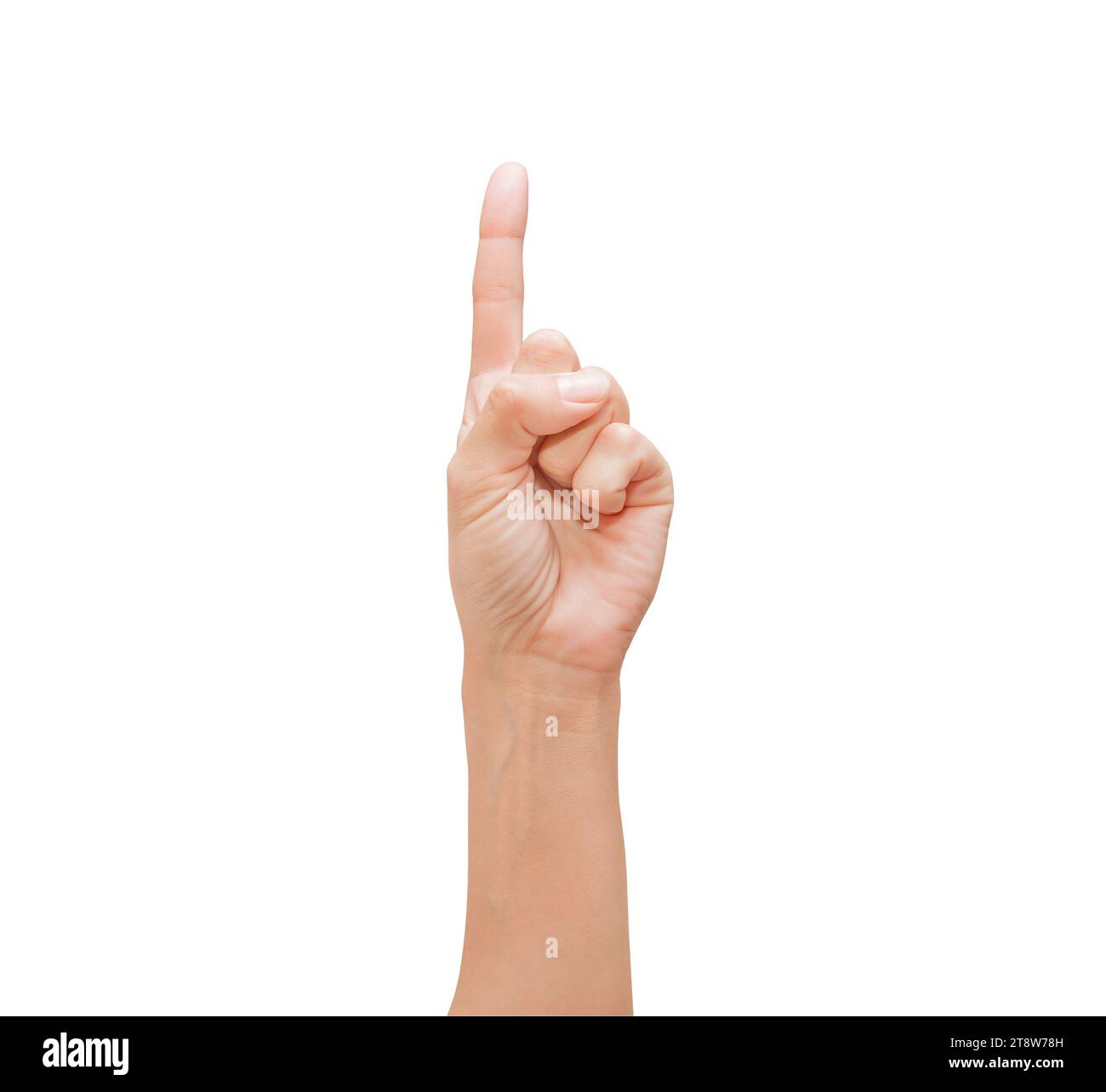 Woman palm hand, fingers bent, index finger pointing upwards, isolated
