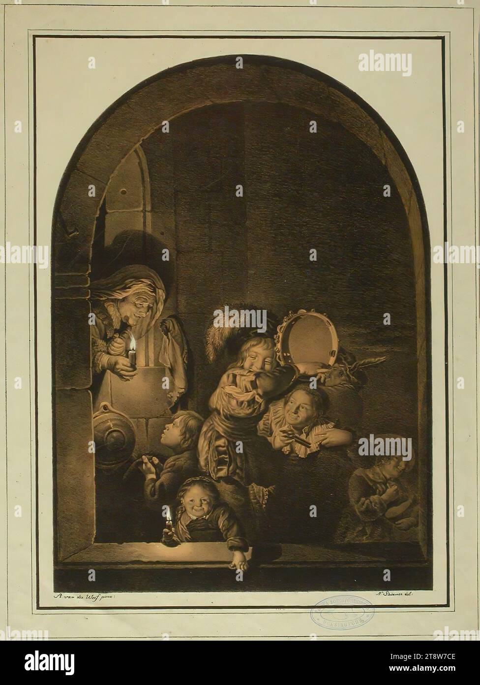 Nepomuk Strixner, 1782, Altötting, Germany, 1855, Munich, Germany, Playing children in candlelight, 1817, 38.3 × 27.3 cm, colour lithograph Stock Photo