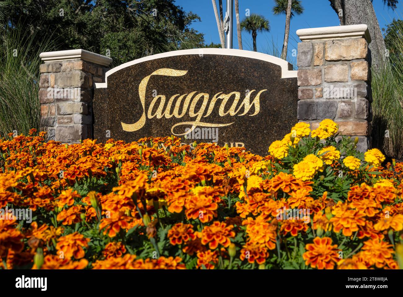 Entrance signage to Sawgrass Players Club in Ponte Vedra Beach, Florida
