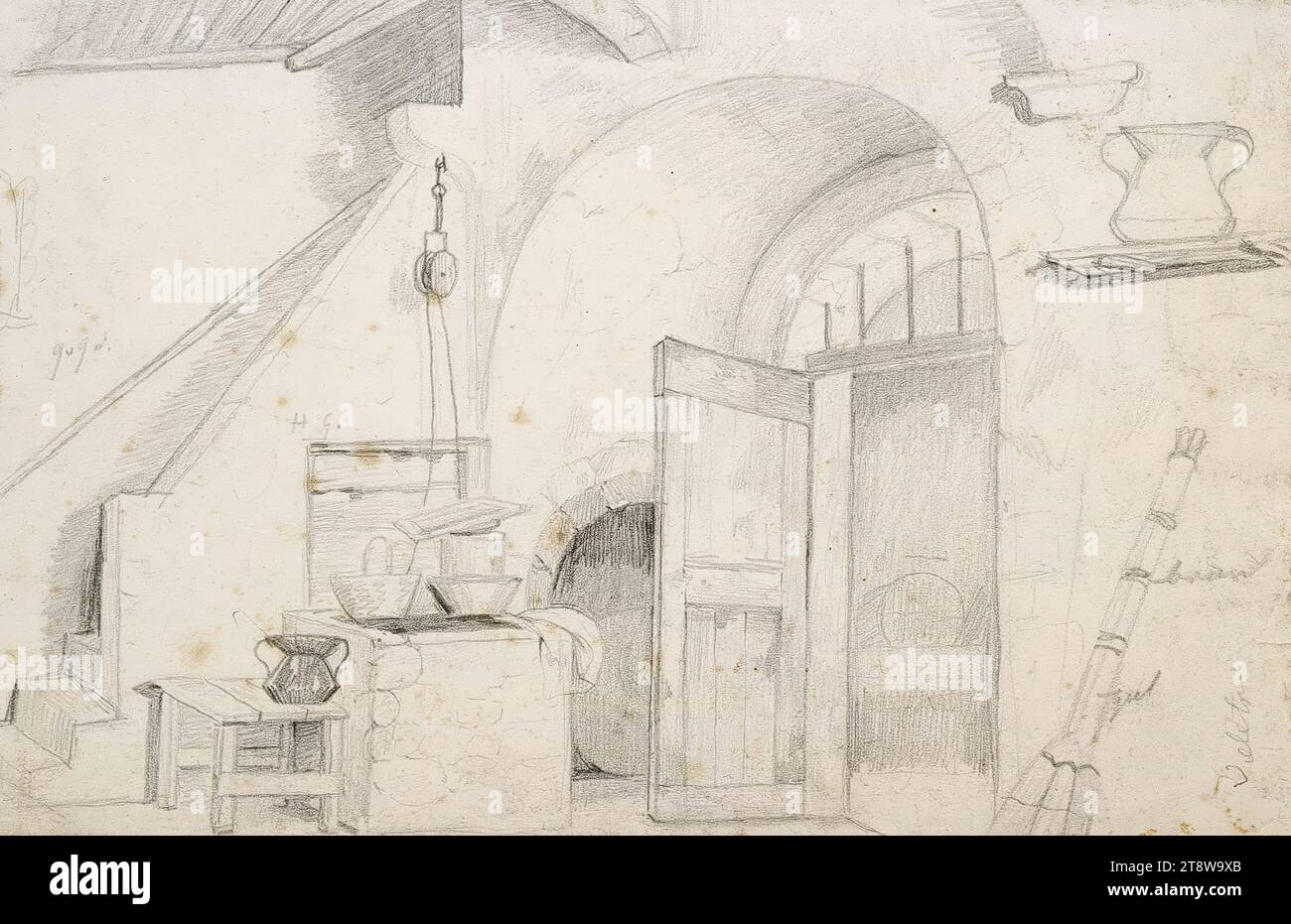 Robert Wilhelm Ekman, 13.8.1808, Uusikaupunki, 19.2.1873, Turku, AIHE from Italy: Interior. In the middle a well, on the right an open door, on the left a staircase leading to the upper floor., 14.5 × 22 cm, pencil Stock Photo