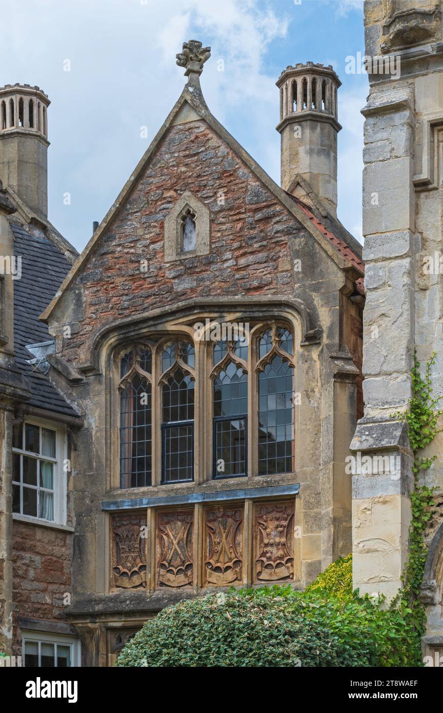 Exterior view of the windows of the Vicars Chapel, and Vicars Library as seen from Vicars close in Wells, Somerset, England, UK Stock Photo