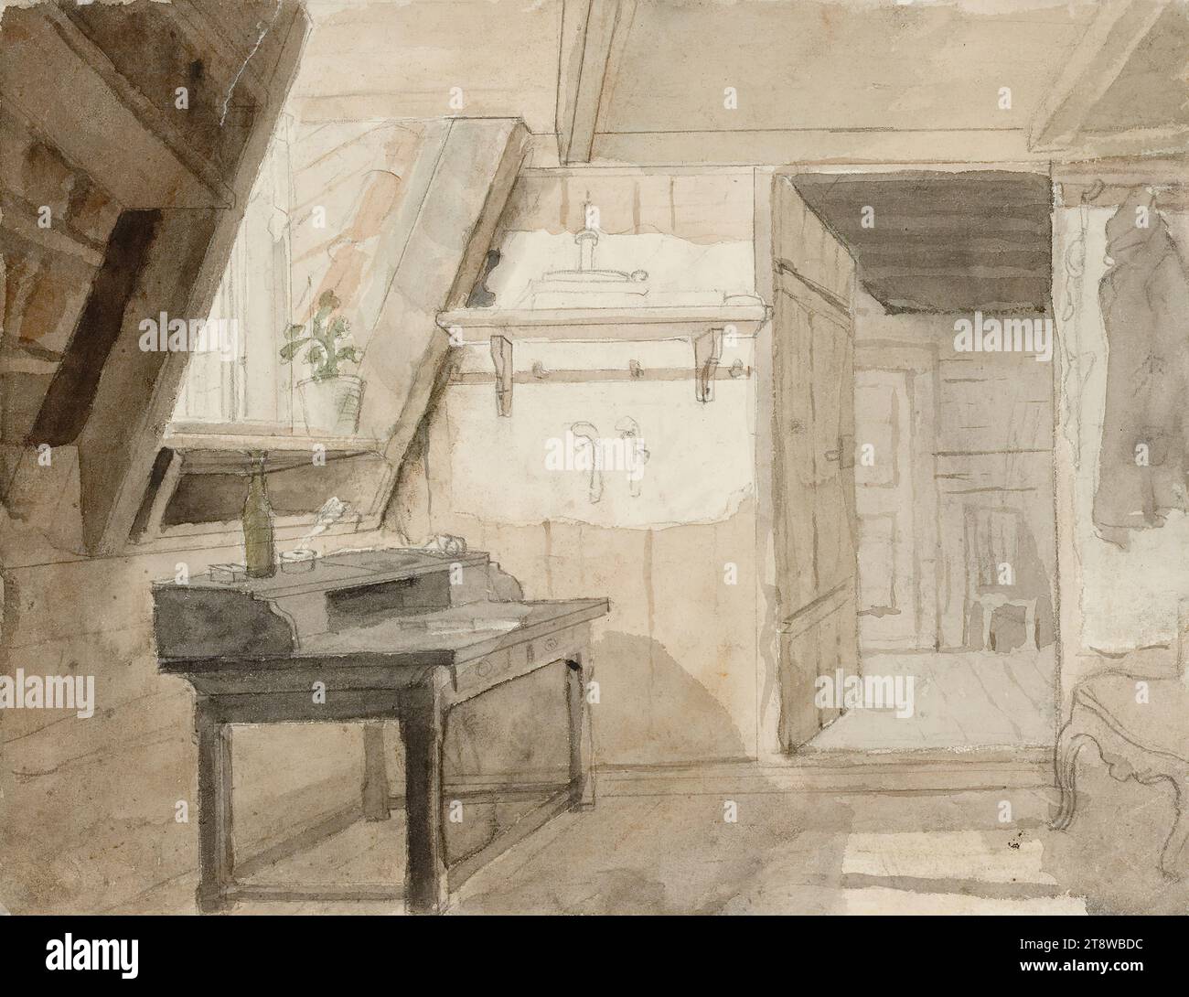 Robert Wilhelm Ekman, 13.8.1808, Uusikaupunki, 19.2.1873, Turku, Interior. Writing table and armchair, with an open door leading to another room in the background, 1840 - 1873, 18 × 5 × 24 cm, watercolour Stock Photo