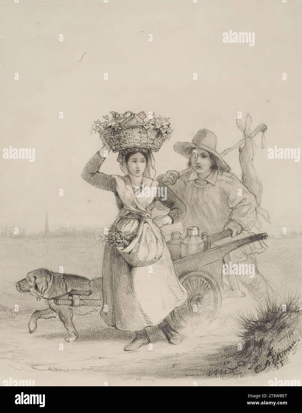 Anders Ekman, 30.3.1833, Vyborg, 1.12.1855, Düsseldorf, Germany, Peasant girl with a basket on her head and a boy with a milk cart pulled by a dog, 1855, 22.5 × 17 cm, charcoal, charcoal on paper Stock Photo