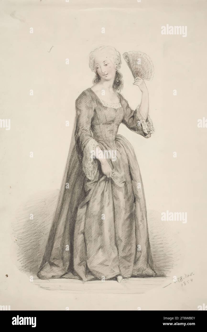 Anders Ekman, 30.3.1833, Vyborg, 1.12.1855, Düsseldorf, Germany, Standing woman in a black dress, her hair powdered and holding a parasol, 1854, 34 × 22.5 cm, pencil, watercolour Stock Photo