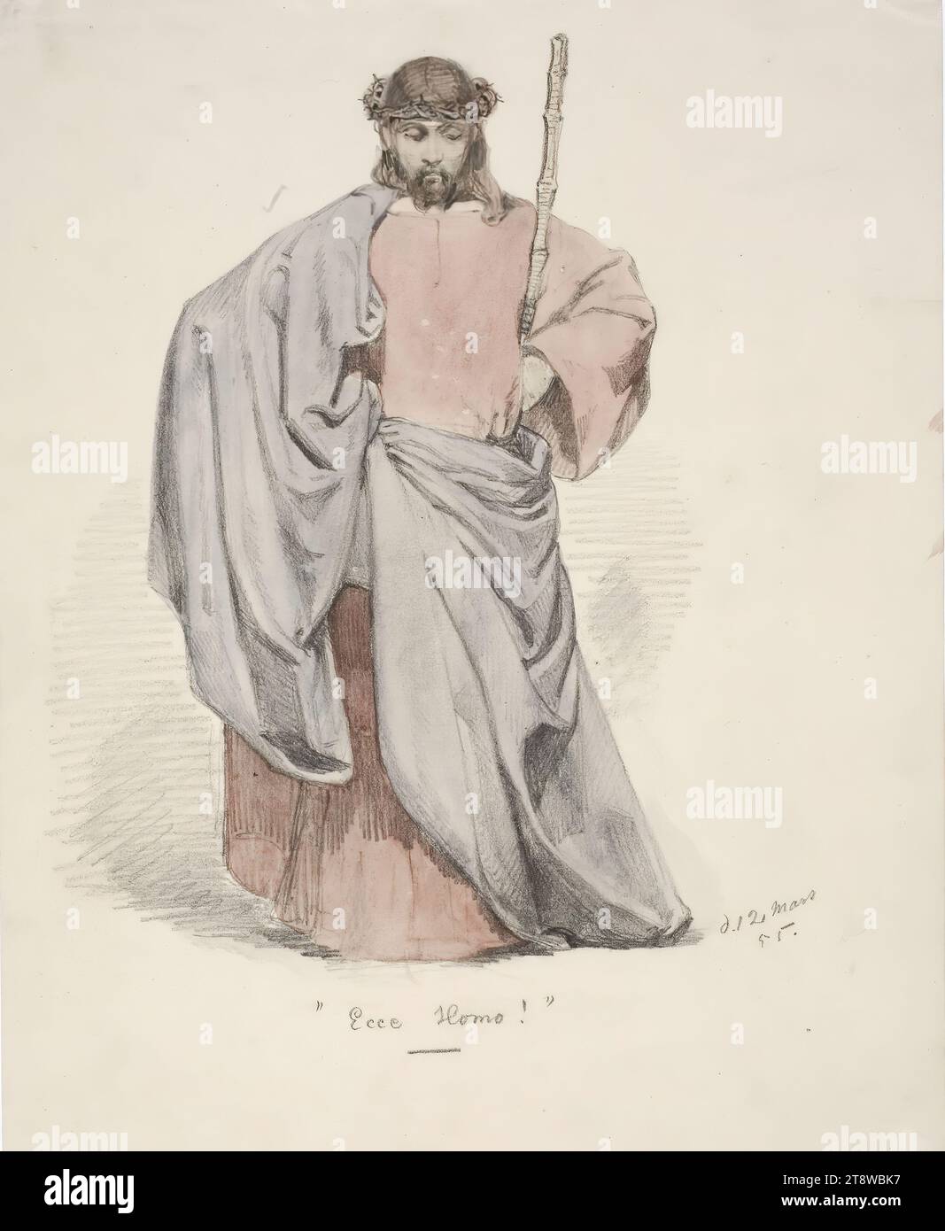 Anders Ekman, 30.3.1833, Vyborg, 1.12.1855, Düsseldorf, Germany, Ecce Homo. Christ with a crown of thorns on his head dressed in a red suit and a blue cloak, 1855, 26.5 × 21 cm, pencil, watercolour Stock Photo