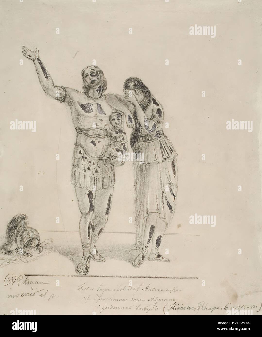 Anders Ekman, 30.3.1833, Vyborg, 1.12.1855, Düsseldorf, Germany, Hektor and Andromakhe are saying goodbye, leaning against each other. Hektor holds his son in his arms and Andromakhe hides her face in her hands, 1853 - 1855, 22 × 18 cm, pencil, gouache Stock Photo