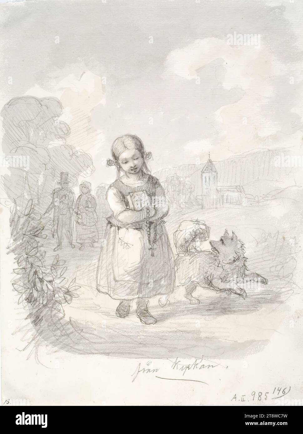 Anders Ekman, 30.3.1833, Vyborg, 1.12.1855, Düsseldorf, Germany, Girl with a running dog, church in the background right, elderly couple left, 1855, 22 × 16.5 cm, pencil Stock Photo