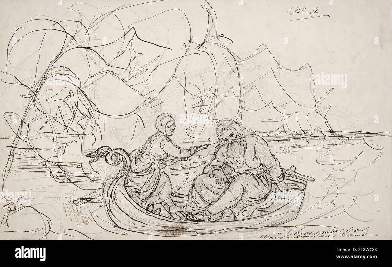 Robert Wilhelm Ekman, 13.8.1808, Uusikaupunki, 19.2.1873, Turku, Louhi saves Väinämöisen, sketch for a series of drawings on the Kalevala, Shooting Väinämöisen (double-sided work), 1859 - 1860, 23 × 37 cm Stock Photo