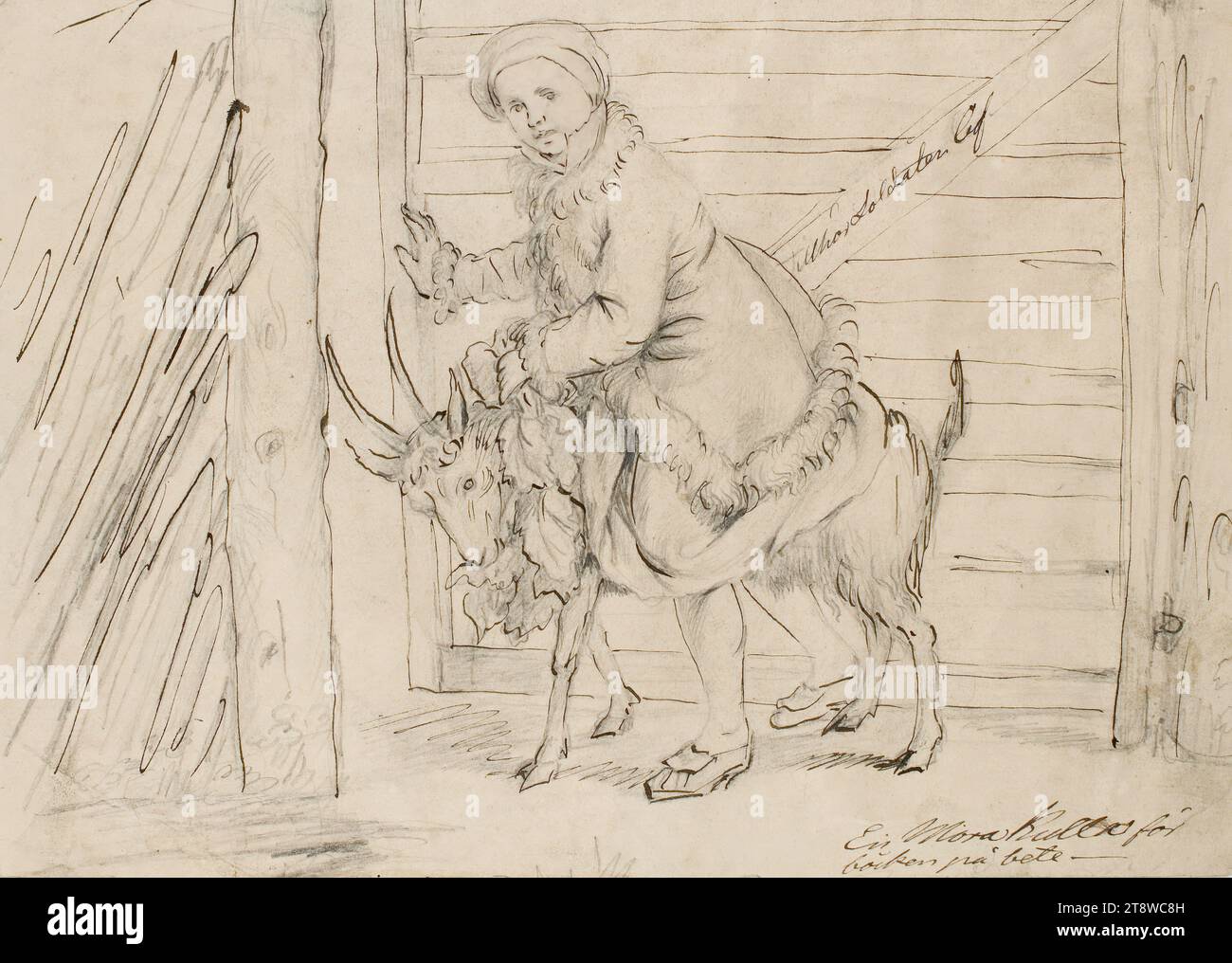 Robert Wilhelm Ekman, 13.8.1808, Uusikaupunki, 19.2.1873, Turku, 'En Mora kulla för bocken på bete', a woman riding a buck, 1836, 18.5 × 26.5 cm Stock Photo