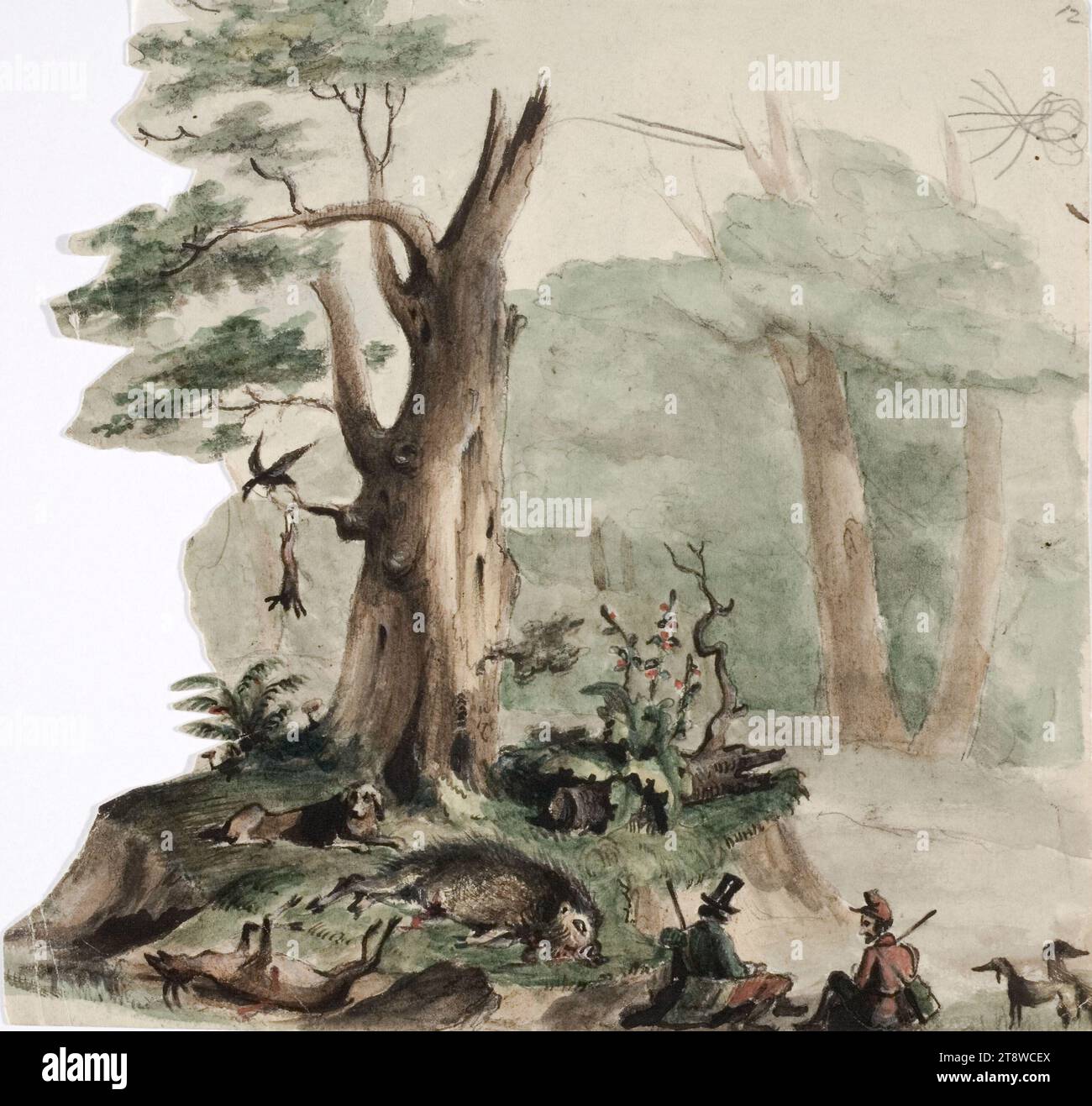 Anders Ekman, 30.3.1833, Vyborg, 1.12.1855, Düsseldorf, Germany, Two hunters and their dogs beside a shot game in a scenic landscape, 1850 - 1855, 16 × 16.5 cm, watercolour Stock Photo