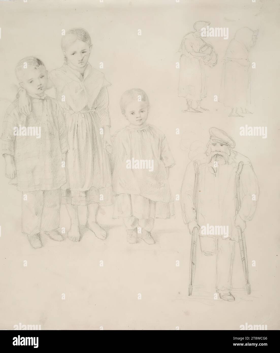 Anders Ekman, 30.3.1833, Vyborg, 1.12.1855, Düsseldorf, Germany, Rehearsal of a group of three children, an old man on crutches and two old grandmothers, 1845 - 1855, 26.5 × 23 cm, pencil Stock Photo