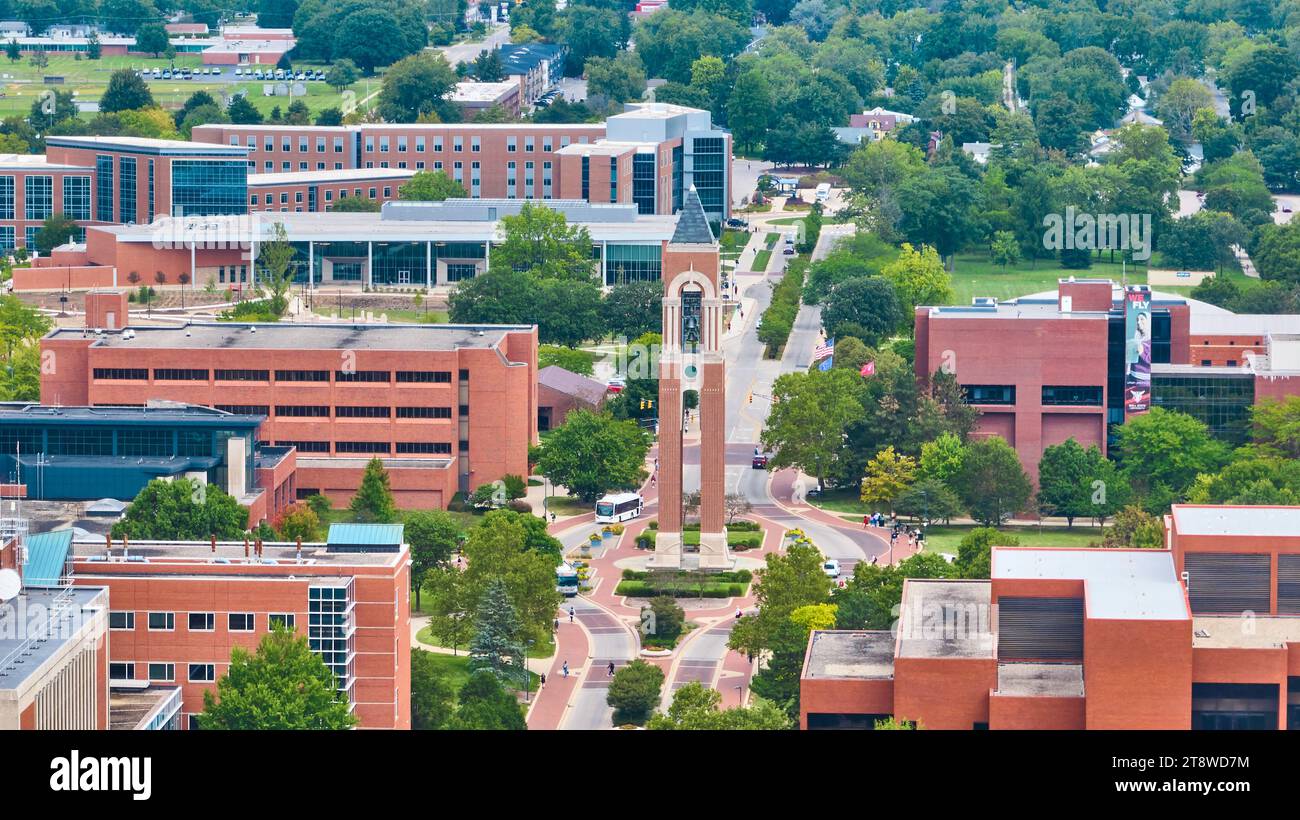 Shafer Tower in heart of campus, Ball State University aerial Muncie ...