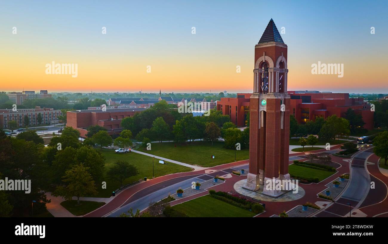 Shafer Tower at sunrise Ball State University campus aerial Muncie ...