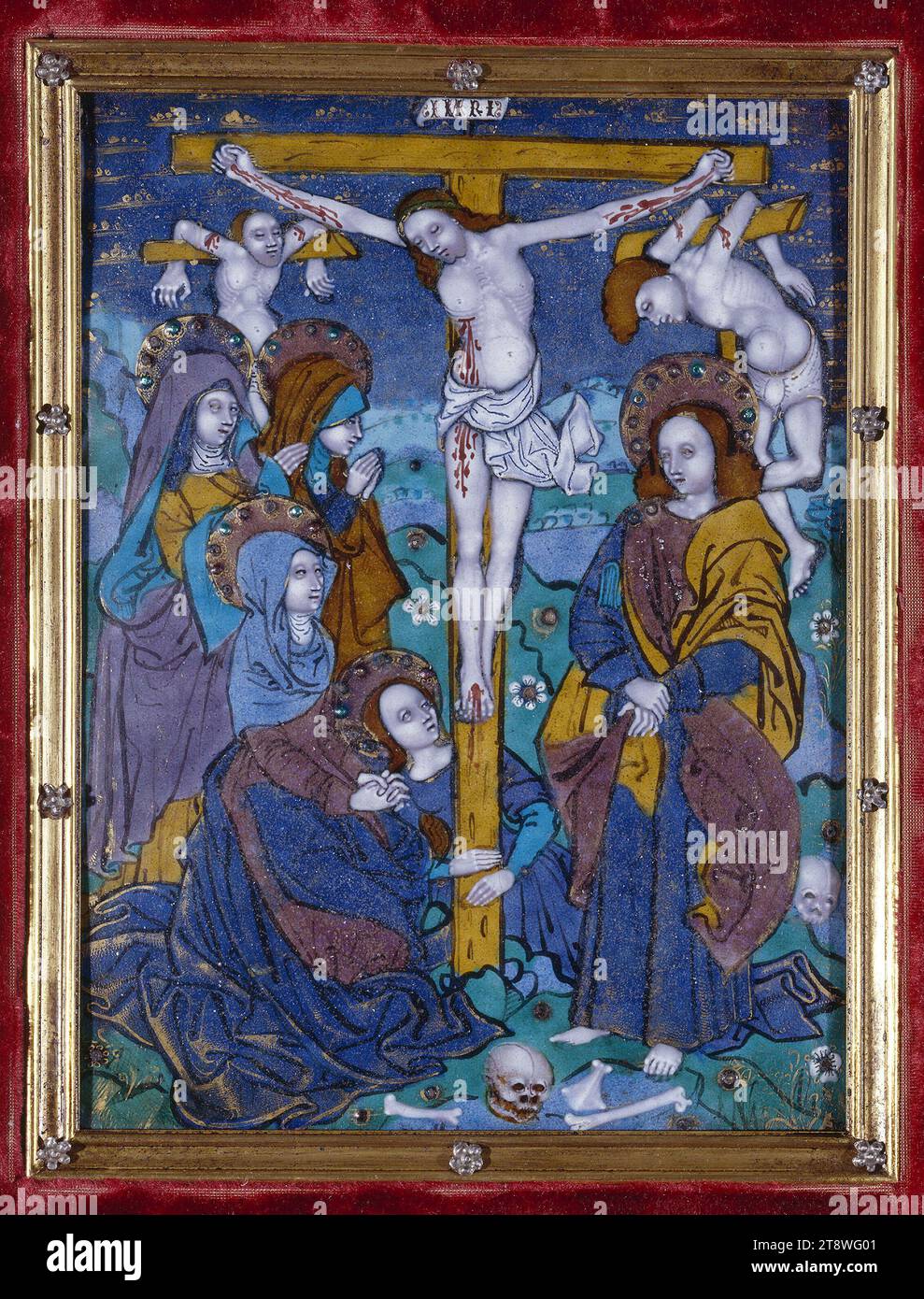 The Crucifixion, Master with large foreheads (workshop of), Enameller, Schongauer, Martin, Author of the model, Pénicaud, Nardon (workshop of), Painter on enamel, Between 1500 and 1530, 16th century, Petit Palais Ground floor Room 35, Silverware, silverware, Beliefs - Customs - Cults - Ceremonies, Metal, Metal arts, Decorative arts, Altarpiece, Enamel (metal technique), Enamel (ceramic technique), Silver, Gold, Copper, Limoges, Limoges, Height: 17 cm, Width: 12. 7 cm Stock Photo