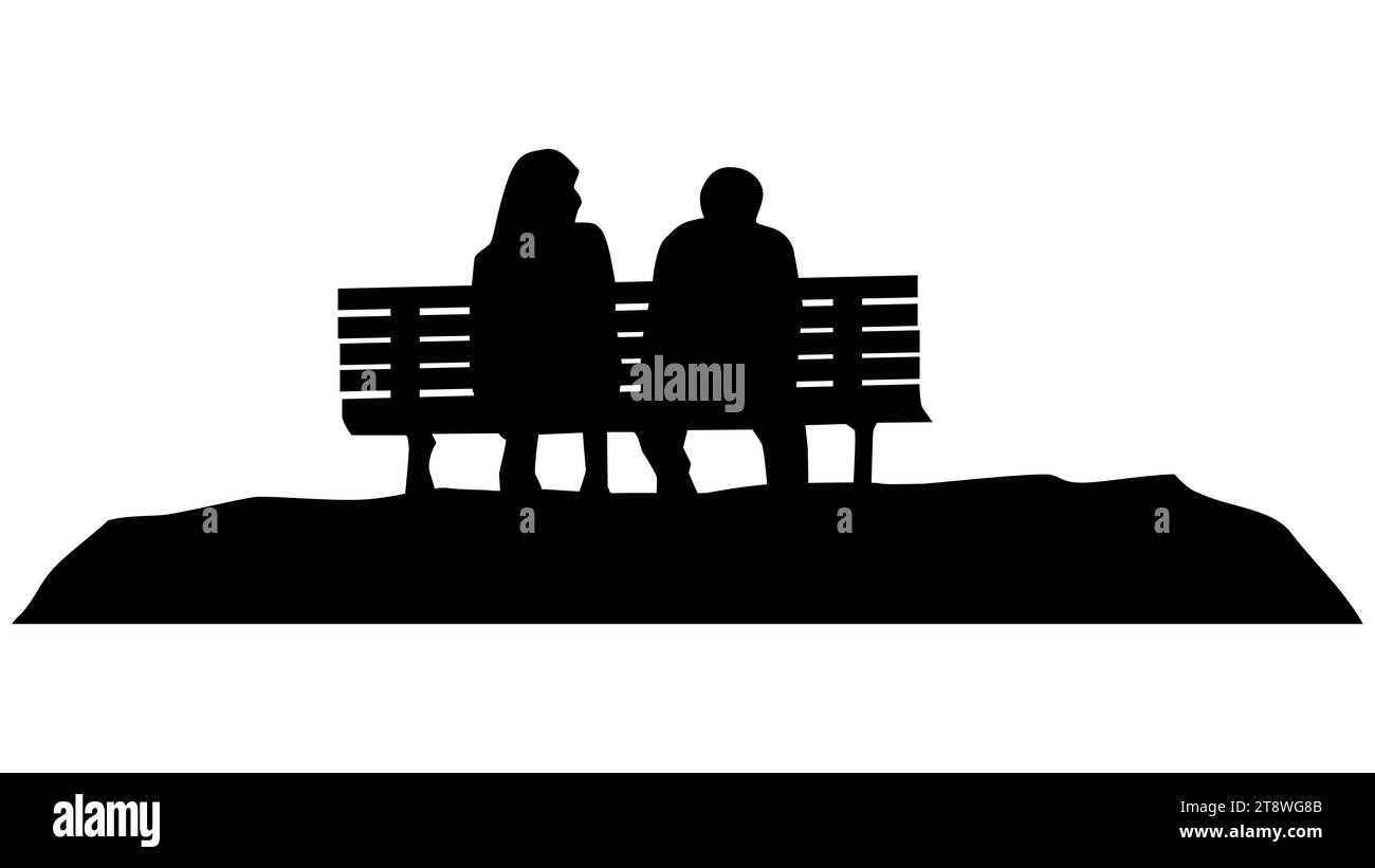 Silhouettes of man and a woman sitting on bench isolated on white ...