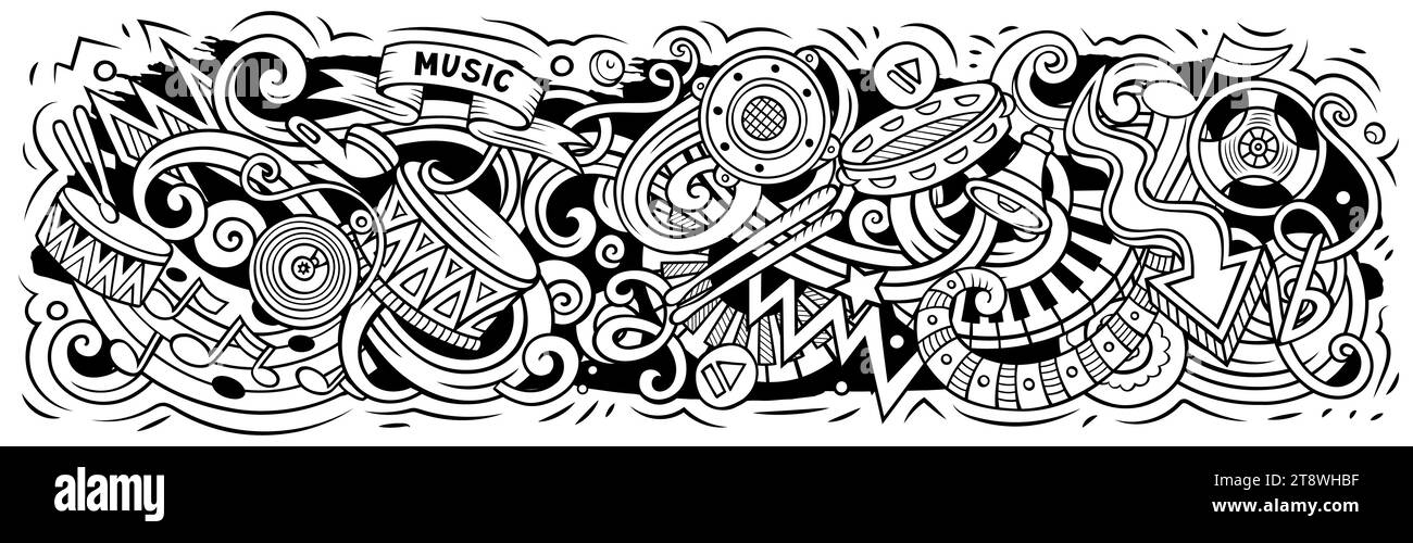 Music cartoon doodles illustration. Musical funny objects and elements design. Creative art background. Sketchy vector banner Stock Vector