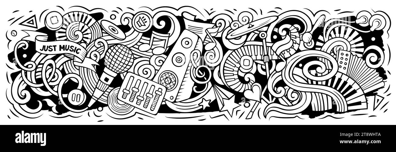 Music cartoon doodles illustration. Musical funny objects and elements ...