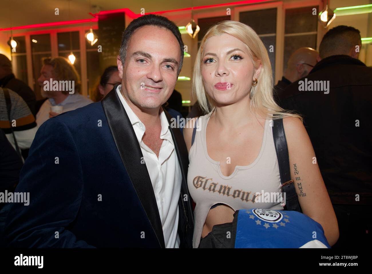 Paris, France. 20th Nov, 2023. Socialite columnist/jet-setter Laurent Amar and Audshine attend the charity show for the benefit of the 'Neuf de Coeur' association founded by Jean-Pierre Papin, Ballon d'Or 1991 and his wife, which helps families of children with brain injuries, and the 'Adrien' association, created by René Molines following the death of his son Adrien, who works daily for sick children and their families, co-presented by Alicia Fall and Florian Genton on November 20, 2023 at the Alhambra theater in Paris, France. Credit: Bernard Menigault/Alamy Live News Stock Photo