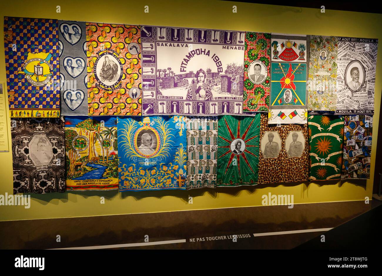 FANCY:COMMEMORATIVE CLOTHS IN AFRICA EXHIBITION AT THE QUAI BRANLY MUSEUM PARIS Stock Photo