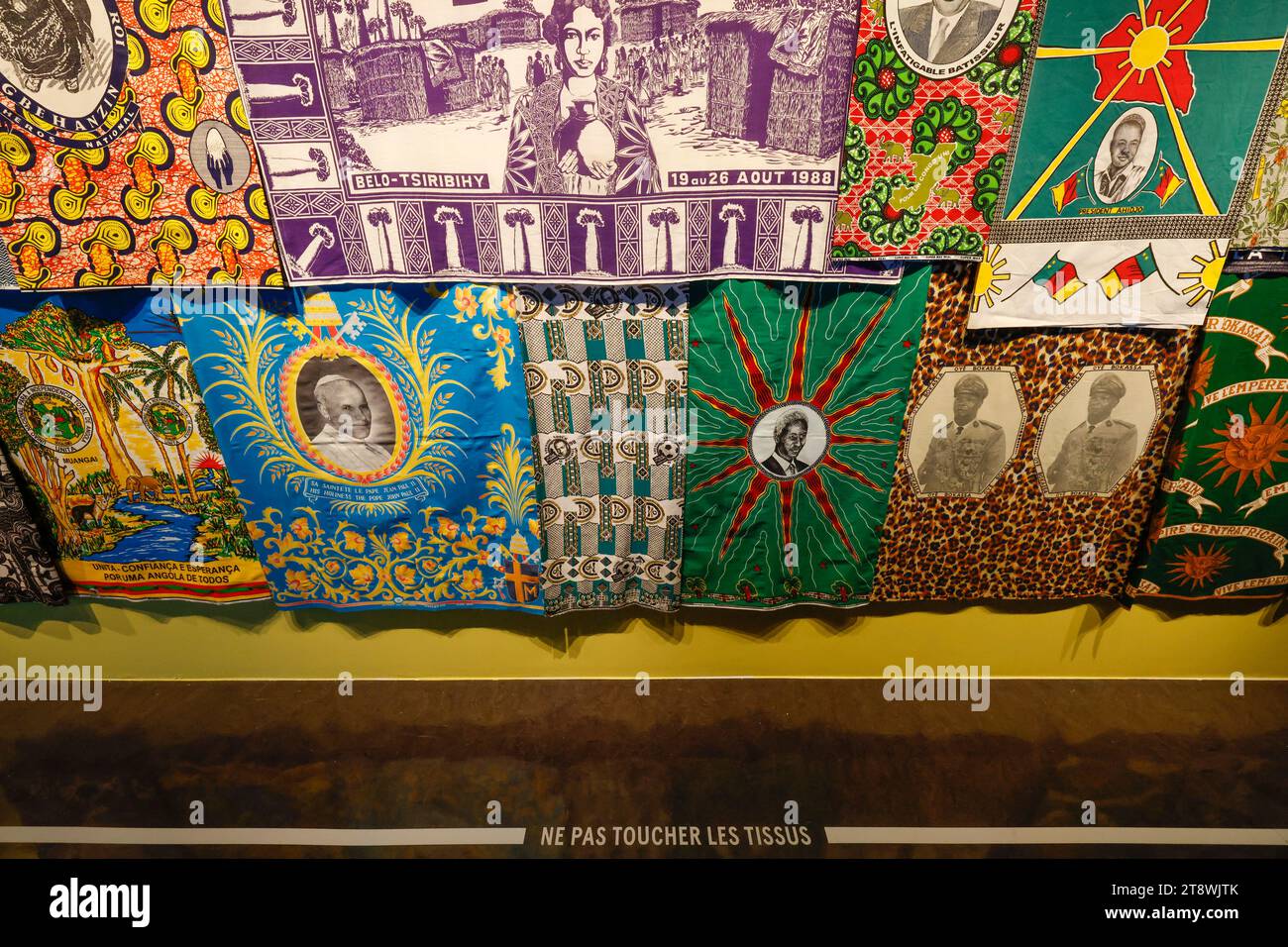 FANCY:COMMEMORATIVE CLOTHS IN AFRICA EXHIBITION AT THE QUAI BRANLY MUSEUM PARIS Stock Photo