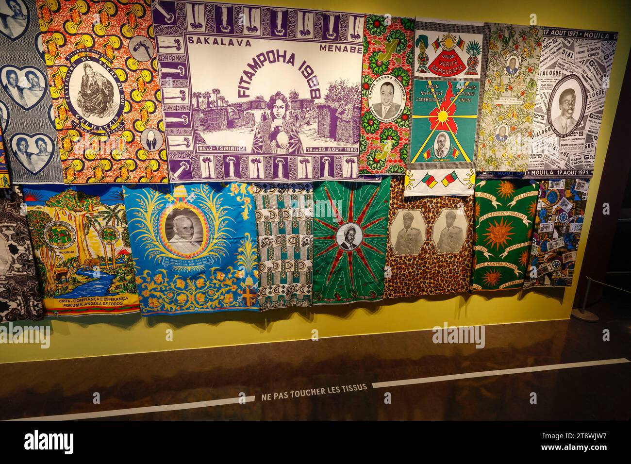 FANCY:COMMEMORATIVE CLOTHS IN AFRICA EXHIBITION AT THE QUAI BRANLY MUSEUM PARIS Stock Photo