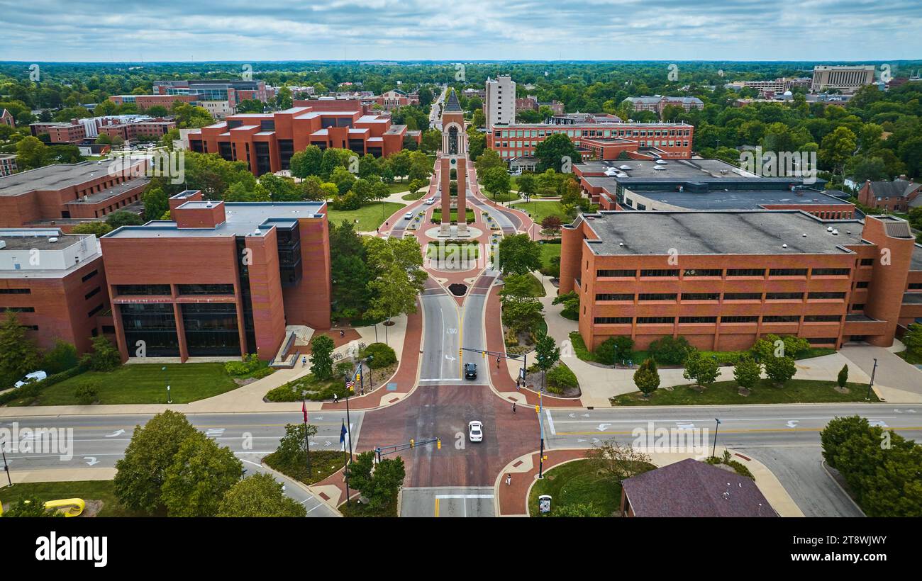 Main campus road with Shafer Tower aerial Ball State University campus